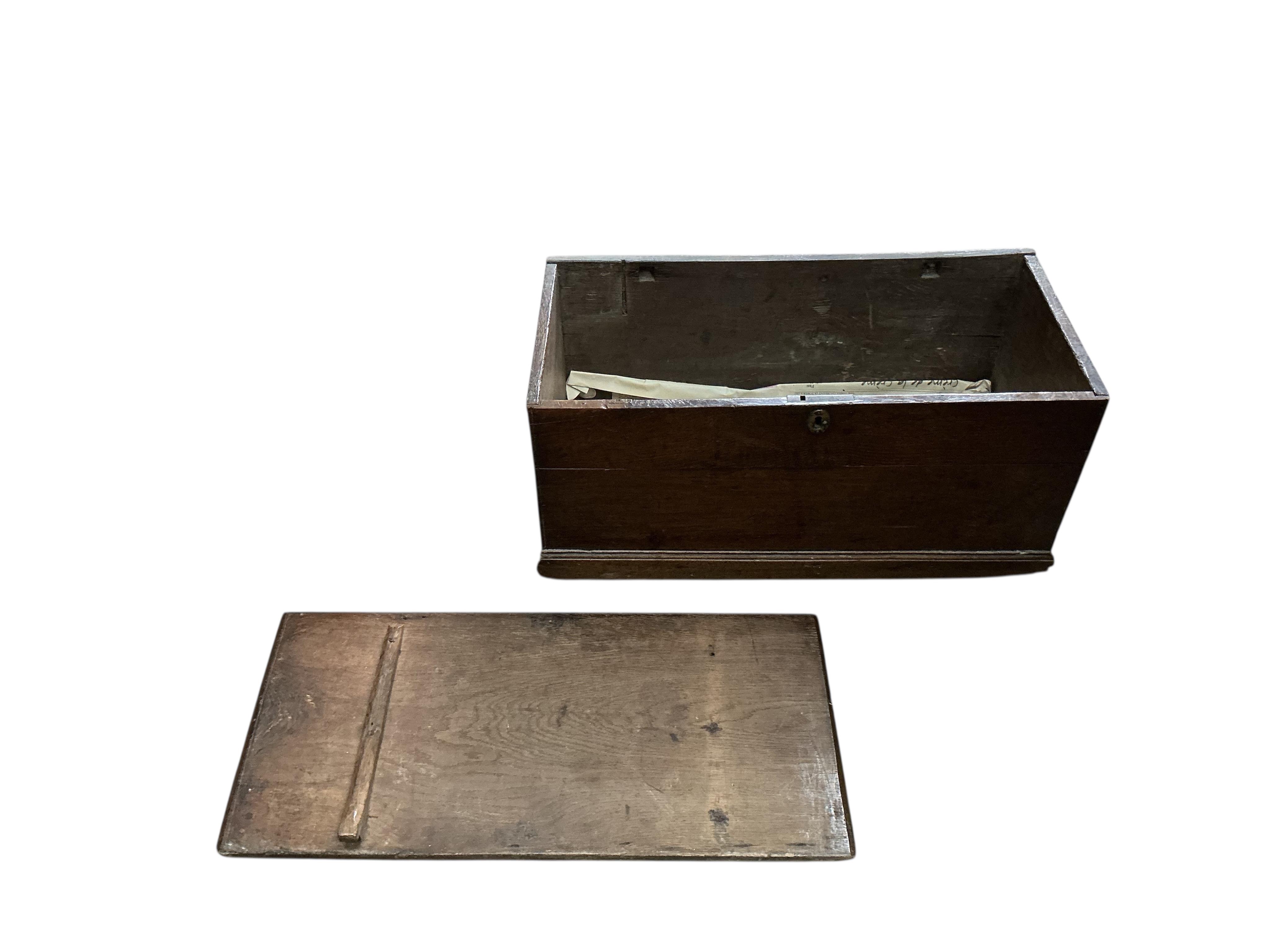 An 18th century oak box, width 69cm, depth 34cm, height 32cm